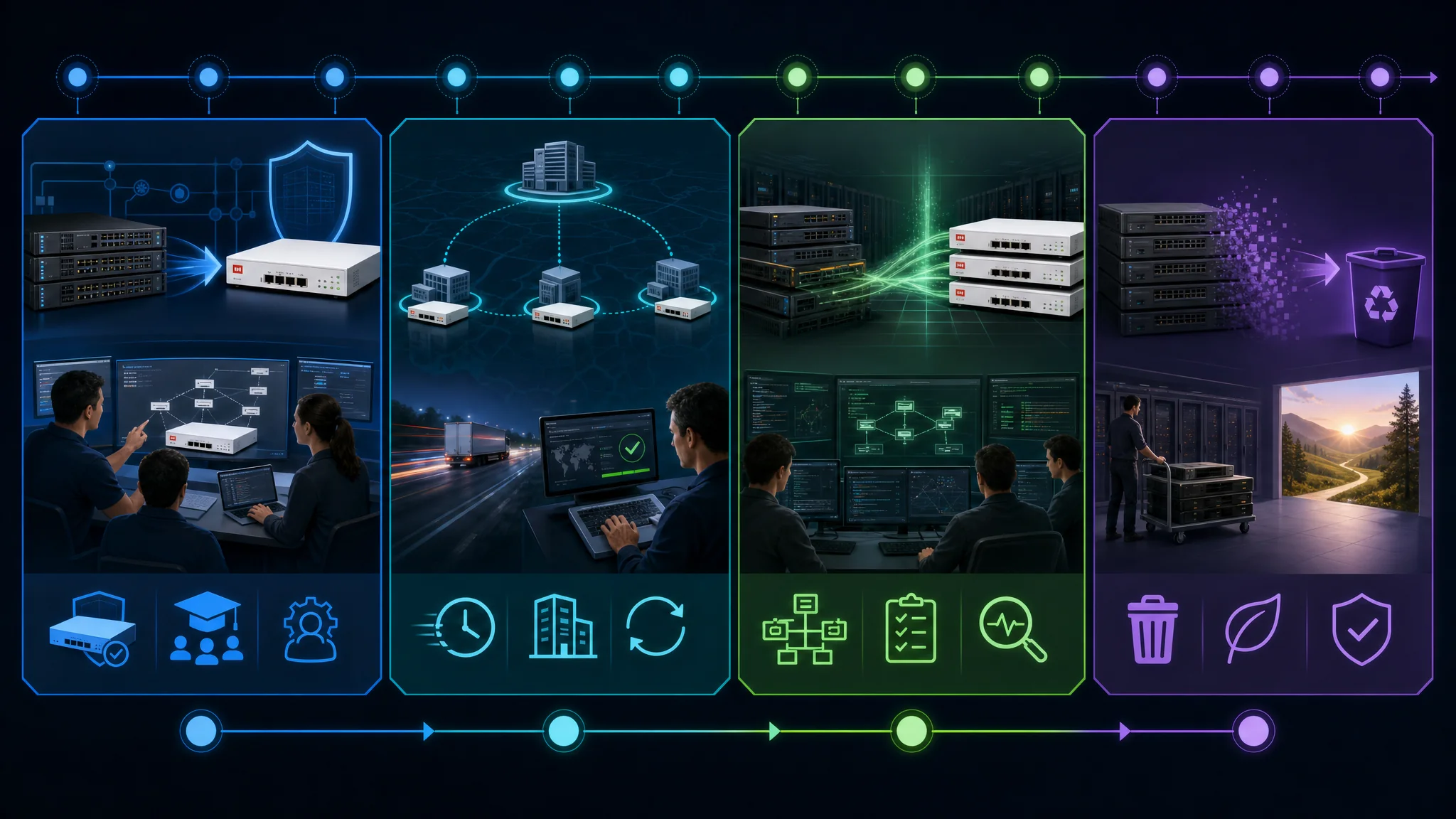 Diagram osi czasu pokazujący 12-miesięczną fazową migrację z Cisco do Fortinet obejmującą pilotażowe wdrożenie w miesiącach 1-2, wdrożenie w oddziałach w miesiącach 3-6, przełączenie centrum danych w miesiącach 7-9 oraz ostateczne wycofanie w miesiącach 10-12