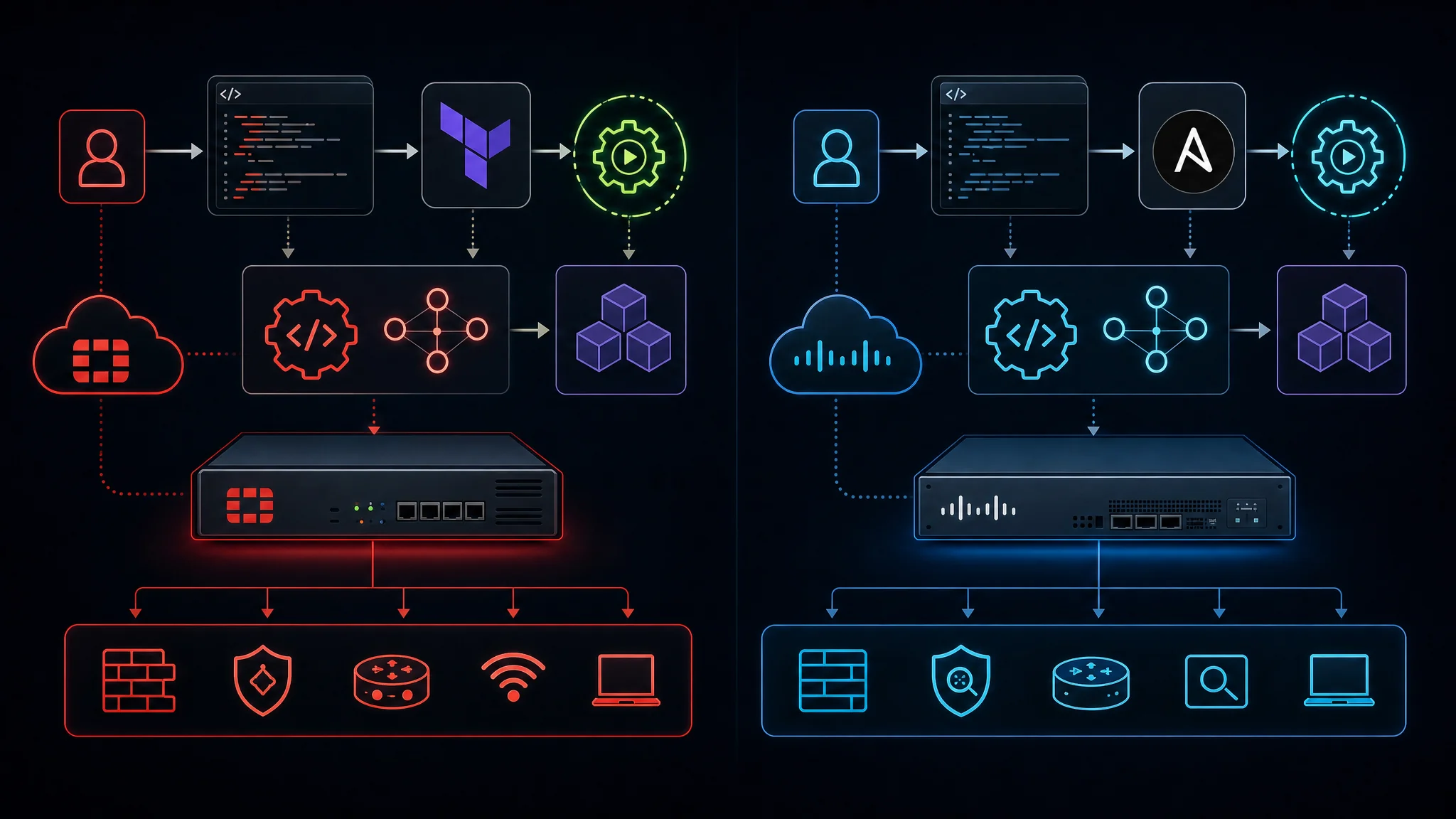 Diagram porównujący REST API FortiGate i automatyzację Terraform z API Cisco Firepower Management Center i modułami Ansible dla infrastruktury zabezpieczeń sieci jako kodu
