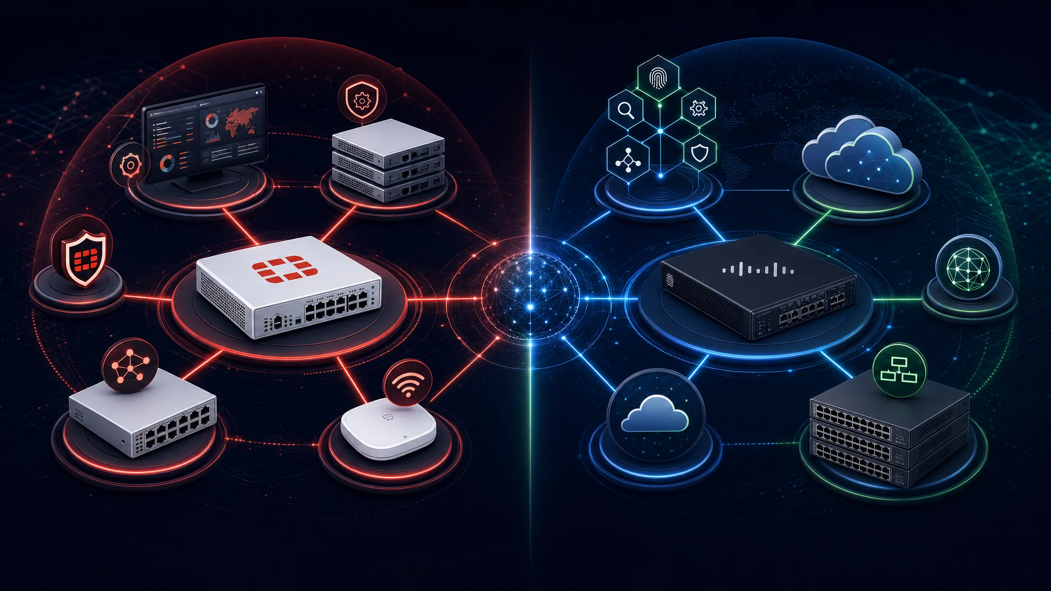 Diagram porównujący ekosystem produktów Fortinet Security Fabric obejmujący FortiGate, FortiSwitch, FortiManager i FortiAP z ekosystemem Cisco Secure obejmującym Firepower, Catalyst, SecureX i Umbrella