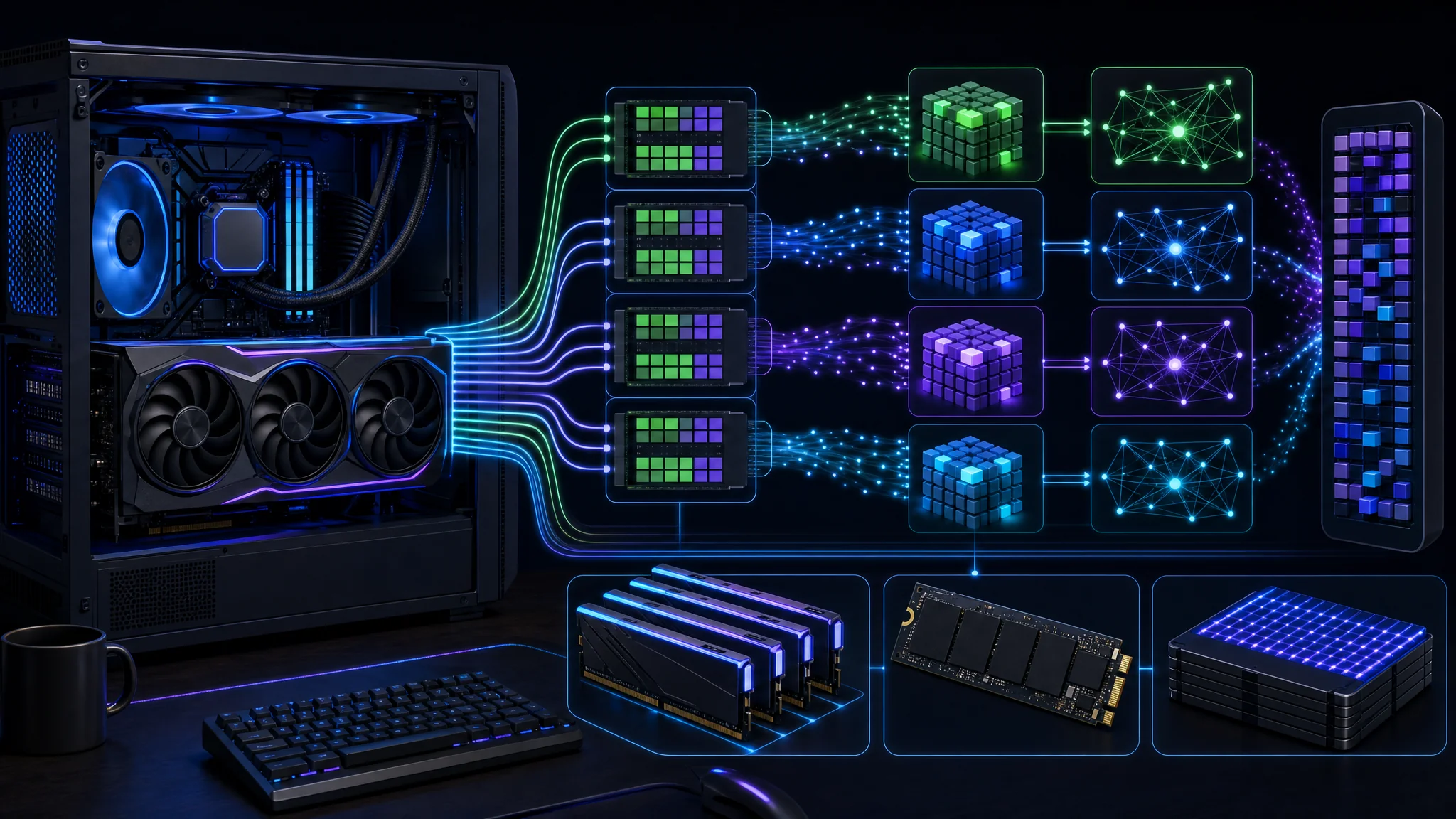 Ilustracja lokalnej stacji roboczej rozdzielającej wykonanie modelu między kartę graficzną, pamięć systemową i pamięć masową SSD