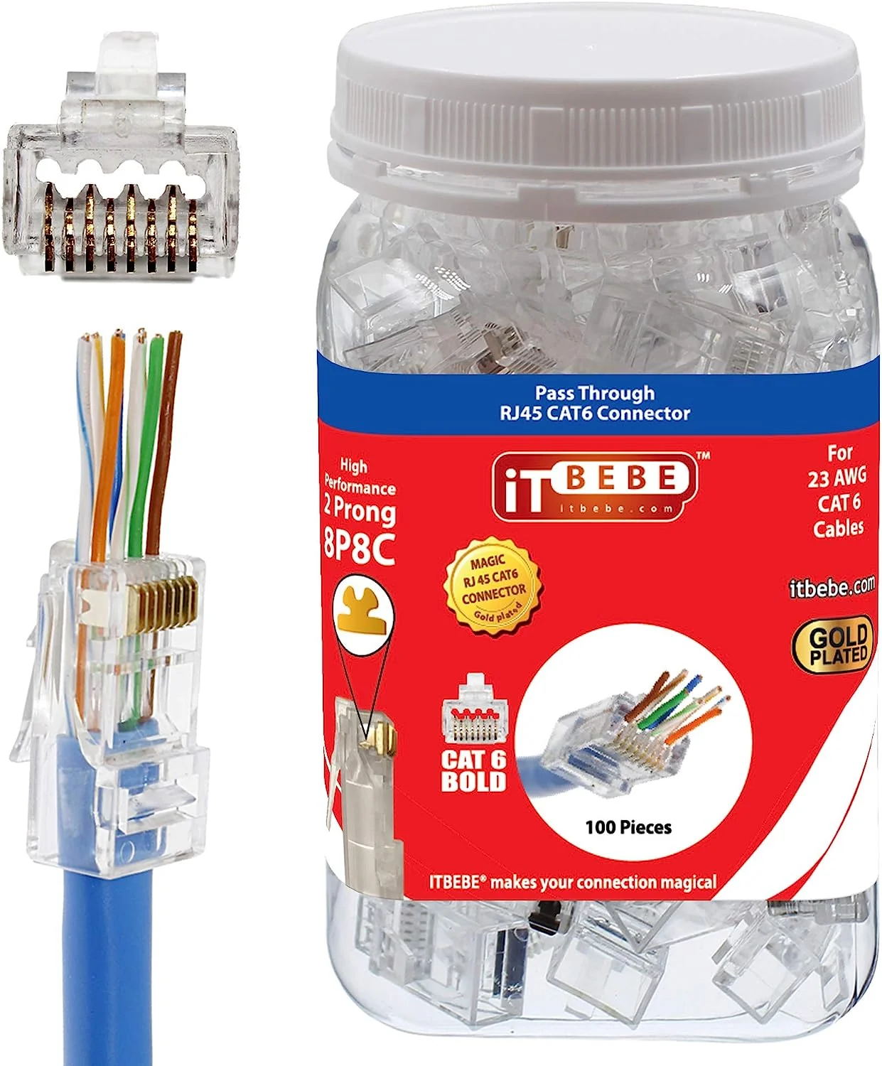 ITBEBE 50 sztuk pozłacanych końcówek Pass Through RJ45 Cat6