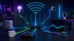 Ilustracja nowoczesnej konfiguracji domowej sieci, przedstawiająca smukły router, inteligentne urządzenia IoT i laptopa, wszystko na ciemnym tle z żywymi niebieskimi, zielonymi i fioletowymi akcentami.