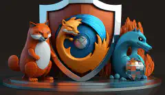 Animowany obraz 3D przedstawiający trzy kreskówkowe ikony przeglądarek Brave, Firefox i Tor, otoczone tarczą symbolizującą ochronę prywatności, z kłódką na górze.