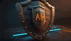Animowany obraz 3D przedstawiający tarczę z umieszczonymi na niej literami AI, blokującą nadlatujące strzałki symbolizujące cyberzagrożenia.