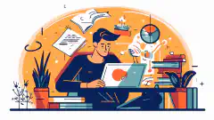 Obraz w stylu kreskówki przedstawiający osobę studiującą przy biurku z laptopem i różnymi książkami i notatkami, z logo CEH w tle.