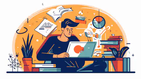 Obraz w stylu kreskówki przedstawiający osobę studiującą przy biurku z laptopem i różnymi książkami i notatkami, z logo CEH w tle.