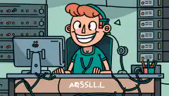 Postać z kreskówki siedząca przy biurku, otoczona serwerami i kablami, z logo Ansible na ekranie komputera, uśmiechająca się, gdy zadania są automatyzowane.