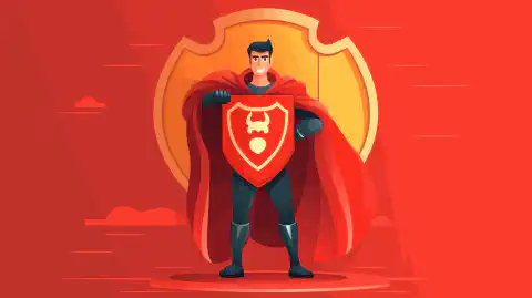 Postać z kreskówki ubrana w pelerynę superbohatera, trzymająca tarczę z symbolem kłódki.