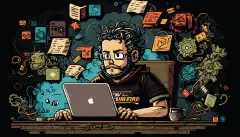 Kreskówkowy deweloper siedzący przy biurku z laptopem, otoczony różnymi elementami HTML, CSS i JavaScript unoszącymi się w powietrzu wokół nich.