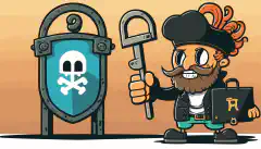 Haker z kreskówki stojący obok dużego zamka z jedną ręką trzymającą klucz z logo Fernet i drugą ręką trzymającą klucz z logo Malboge, podczas gdy wewnątrz zamka widać flagę