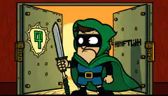 Haker z kreskówki w pelerynie i masce, stojący przed drzwiami skarbca z logo HTB i trzymający narzędzie (takie jak klucz lub śrubokręt) z zielonym tłem symbolizującym sukces i flagą w dymku nad głową.