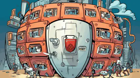 Rysunkowa ilustracja przedstawiająca tarczę chroniącą serwer sieciowy przed cyberzagrożeniami.