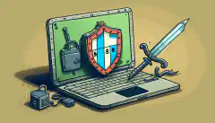 Rysunkowa ilustracja laptopa z blokadą, z tarczą i mieczem reprezentującymi cyberbezpieczeństwo w tle.