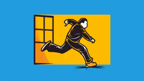 Kreskówkowa ilustracja osoby przechodzącej od logo Windows do logo Linux z płynnym przejściem
