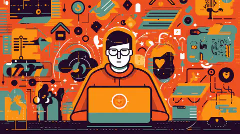 Rysunkowa ilustracja osoby pracującej na laptopie z ikonami i symbolami związanymi z cyberbezpieczeństwem wokół niej.