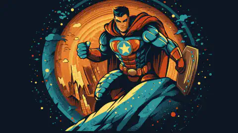 Kreskówkowa ilustracja superbohatera z tarczą chroniącą cyfrowy świat przed hakerami i cyberzagrożeniami.