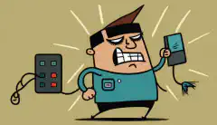 Komiksowa ilustracja złodzieja używającego urządzenia elektronicznego do kradzieży informacji o karcie kredytowej z portfela osoby.