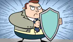 Kreskówka przedstawiająca właściciela firmy trzymającego tarczę z napisem cybersecurity insurance i blokującego cyberzagrożenia.