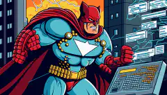 Kreskówka przedstawiająca superbohatera cyberbezpieczeństwa broniącego miasta przed cyberzagrożeniami.