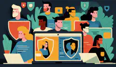 Kreskówkowy obraz zróżnicowanej grupy zdalnych pracowników uczestniczących w angażującym szkoleniu z zakresu świadomości bezpieczeństwa na swoich laptopach, z otaczającymi ich różnymi symbolami cyberbezpieczeństwa.