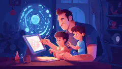 Kreskówkowy obrazek rodzica i dziecka korzystających wspólnie z komputera, przy czym dziecko trzyma lupę, a rodzic wskazuje na ekran.