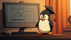 Kreskówkowy obraz pingwina z czapką absolwenta, trzymającego dyplom i stojącego przed komputerem ze środowiskiem graficznym Linux w tle.