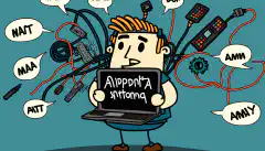 Kreskówkowy obraz osoby trzymającej laptopa w otoczeniu różnych elementów sprzętu komputerowego i kabli sieciowych, z bańką myślową wyświetlającą serię akronimów CompTIA A+ i procedur rozwiązywania problemów.