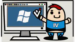 Obrazek z kreskówki przedstawiający osobę trzymającą pamięć USB z logo Windows i znakiem kontrolnym, stojącą przed ekranem komputera z logo Windows.