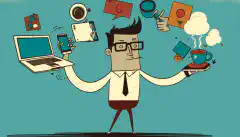 Kreskówkowy wizerunek osoby żonglującej różnymi urządzeniami osobistymi (laptop, smartfon, tablet) oraz przedmiotami związanymi z pracą (dokumenty, kubek z kawą)