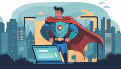 Kreskówka przedstawiająca programistę internetowego w pelerynie superbohatera i trzymającego tarczę. Tarcza chroni laptopa z interfejsem aplikacji internetowej na ekranie.