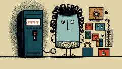 Kreskówkowa postać stojąca przed komputerem, z symbolem kłódki nad głową i unoszącymi się wokół niej różnymi rodzajami czynników uwierzytelniających, takich jak klucz, telefon, odcisk palca itp.