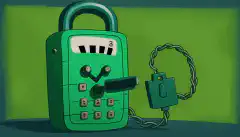 Kreskówkowy telefon z zielonym ekranem i kłódką na nim, symbolizujący bezpieczeństwo i szyfrowanie, z tonami DTMF przedstawionymi w tle