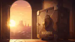 kreskówkowe drzwi skarbca otwierane kluczem, odsłaniające skrzynię ze skarbem, a wszystko to na tle paryskiego krajobrazu o zachodzie słońca.