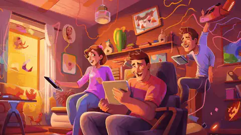 Kolorowa ilustracja kreskówkowa przedstawiająca szczęśliwą rodzinę w domu, otoczoną różnymi urządzeniami podłączonymi do T-Mobile Home Internet.