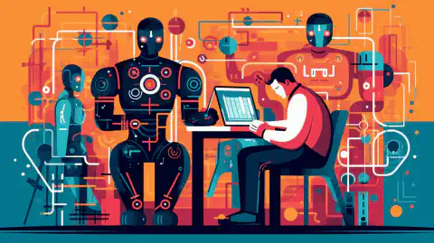 Kolorowa ilustracja przedstawiająca testera-człowieka i testera-robota współpracujących przy testowaniu aplikacji.
