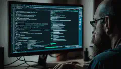 Programista siedzący przy swoim komputerze, piszący na klawiaturze z ChatGPT CLI otwartym w swoim terminalu.