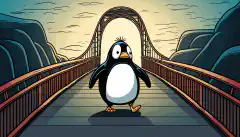 Przyjazny pingwin Linux z kreskówki pewnie kroczący przez most ku pomyślnej przyszłości.