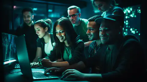 Grupa różnorodnych osób pracujących razem nad rozwiązywaniem wyzwań związanych z cyberbezpieczeństwem w Hackthebox Academy.