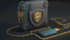 Portfel sprzętowy z kłódką i łańcuchem wokół niej, symbolizujący bezpieczeństwo przechowywania kryptowalut w portfelu sprzętowym.