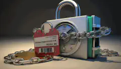 Zamek z łańcuchem owiniętym wokół raportu oceny kredytowej, symbolizujący ochronę i bezpieczeństwo, jakie zamrożenie kredytu zapewnia przed kradzieżą tożsamości i oszustwami