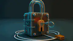 Kłódka i klucz stojące na kablu sieciowym w symboliczny sposób reprezentujące Zero Trust Security.