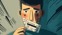 Osoba trzymająca kartę kredytową w jednej ręce i kłódkę w drugiej, z zatroskanym wyrazem twarzy, jakby martwiła się o bezpieczeństwo swoich danych osobowych.
