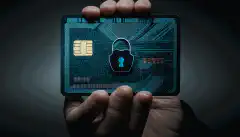 Osoba trzymająca kartę kredytową z symbolem kłódki na niej, która ma symbolizować ochronę kredytową.
