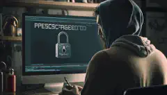 Osoba trzymająca kłódkę przed ekranem komputera, na którym wyświetlany jest komunikat o treści Chronione