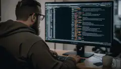 Osoba siedząca przed komputerem, wpisująca kod do interfejsu wiersza poleceń z liniami tekstu przewijającymi się na ekranie.
