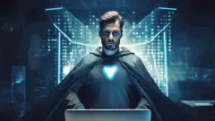 Profesjonalista w pelerynie superbohatera, stojący przed ekranem komputera z tarczą reprezentującą cyberbezpieczeństwo.