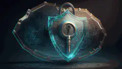 Tarcza z zamkiem i kluczem symbolizuje cyberbezpieczeństwo, a umieszczona nad nią lupa - zarządzanie ryzykiem.