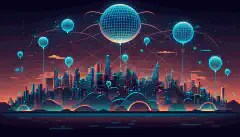 Stylizowana ilustracja krajobrazu miejskiego z różnymi urządzeniami IoT podłączonymi do sieci przedstawionej jako sieć świetlna, z widocznym logo Helium.