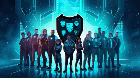 Symboliczny rysunek przedstawiający grupę różnych osób w strojach cyberbezpieczeństwa, stojących razem w formacji tarczy, z otaczającymi ich ikonami kodu binarnego i blokady, podkreślającymi znaczenie jedności i ochrony w sferze cyfrowej.