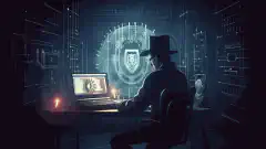 Symboliczny obraz przedstawiający hakera w czarnym kapeluszu i piszącego na komputerze, podczas gdy tarcza z zamkiem chroni sieć w tle.